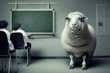  Sheep in a classroom sitting on chair looking at board, generative AI