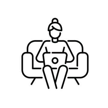 Girl Sitting On A Sofa With A Computer. Working From Home Freelance Office. Pixel Perfect, Editable Stroke Line Icon