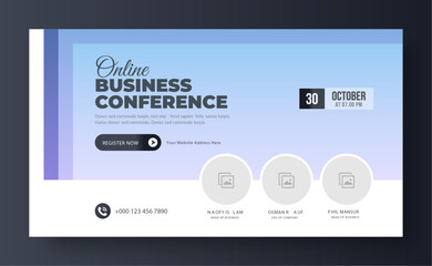 Business webinar invitation design. Webinar and business conference social media post template. Online webinar social media post template. Business conference banner template. Online live webinar.