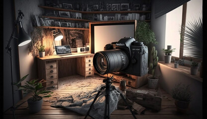 Home Photo Studio Interior, Camera, Lighting, Backdrop, Close-Up Generative AI