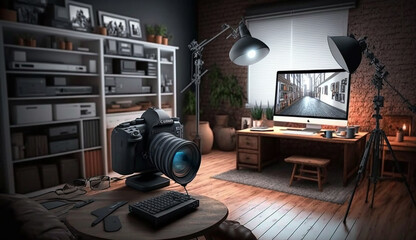 Home Photo Studio Interior, Camera, Lighting, Backdrop, Close-Up Generative AI