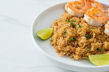 fried rice with shrimps skewers