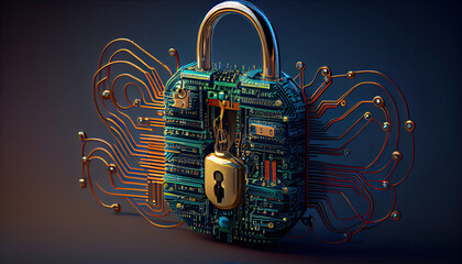 a security lock on a computer circuit board in a hacking concept with Generative AI Technology