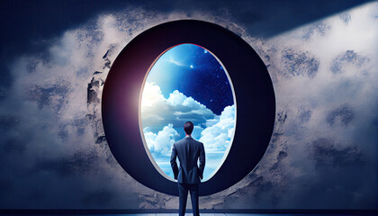 Back view of young businessman in  keyhole window and sky view. Access and success concept with Generative AI Technology