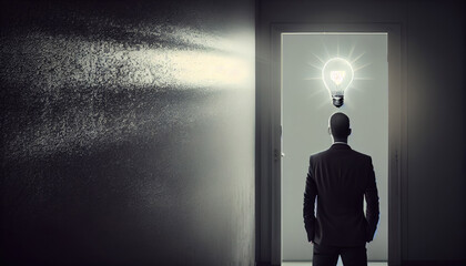 Business man looking at bright light bulb in the wall concept with Generative AI Technology