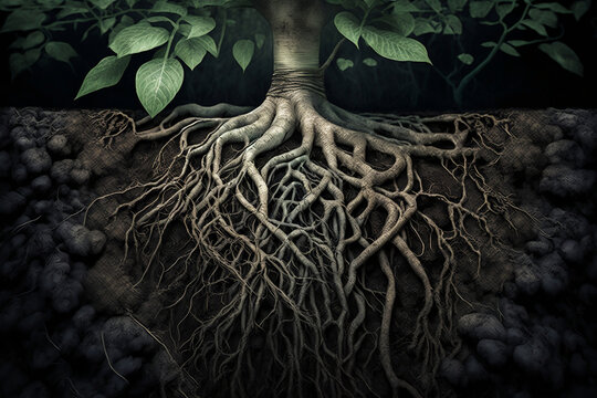Plant Roots Growing Underground, Layers Of Soil Cros, Spring Season, Generative Ai