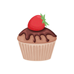 Cupcake. Chocolate cupcake with strawberries. Strawberry chocolate cake. Sweet dessert. Vector illustration isolated on a white background