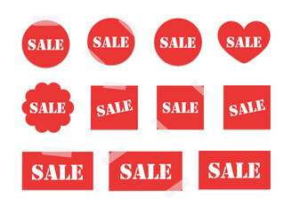 Red sale tags vector illustration set. Taped sale paper note memo. Price and discount label stickers.