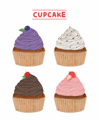 토핑이 올려진 머핀 컵케이크 세트 (블루베리,생크림,초코,딸기)