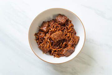 Jjapaguri or Chapaguri, Korean Black Beans Spicy Noodles with Beef
