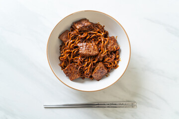 Jjapaguri or Chapaguri, Korean Black Beans Spicy Noodles with Beef