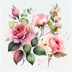 Watercolor hand drawn roses on white background