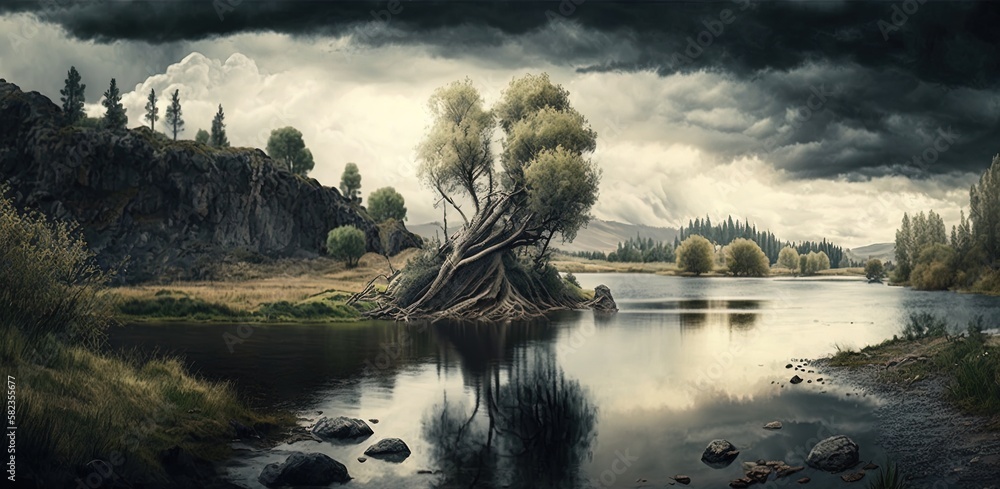Poster cloudy day scene with trees up close and a river in the background generative ai