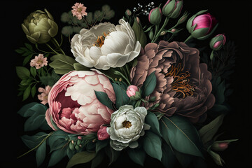 Beautiful Bouquet Of Peonies, Roses, And Tulips On Dark Background, Roses, Spring Season, Generative Ai