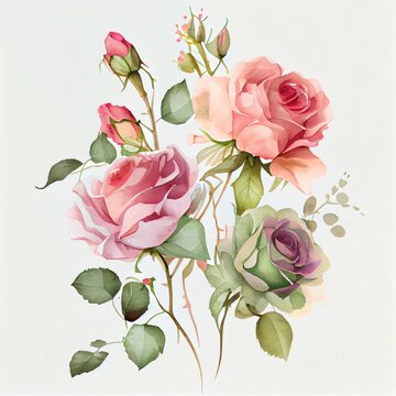 Watercolor hand drawn roses on white background. Generative AI