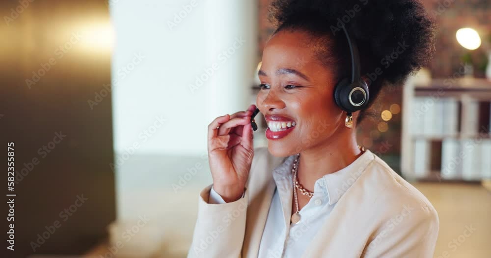 Canvas Prints Black woman, call center and talk to client with CRM, customer support or telemarketing night shift. Communication, headset and female consultant work late, help desk with advisory and contact us