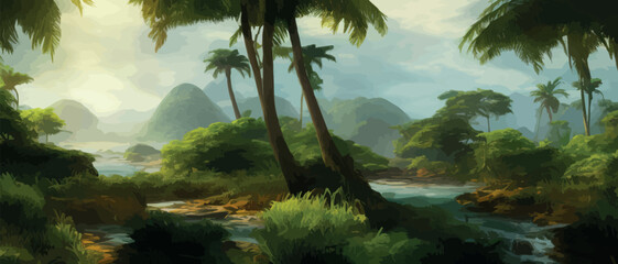 African rainforest. African jungle rainforest panorama with tropical vegetation, exotic fantasy landscape banner vector illustration. african savannah