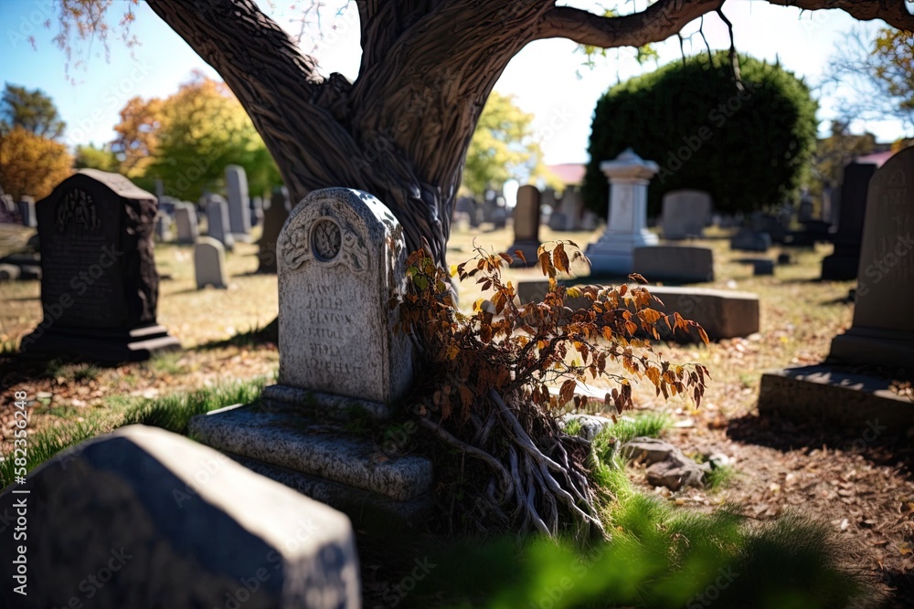 Poster close-up of a tree beside a graveyard generative ai