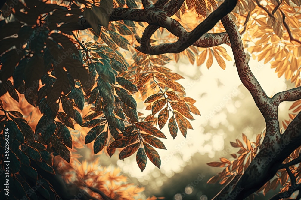 Poster close-up of a woodland in the fall with its branches and trees covered with leaves. generative ai