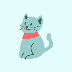 A blue cat with a red collar sits on a light blue background.