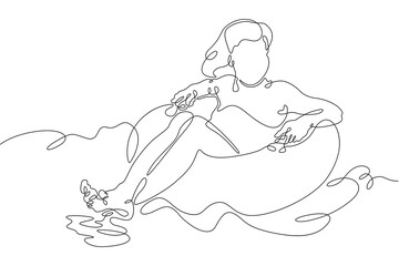 One continuous line. Girl with an inflatable circle. Bathing. Little girl on the beach. The child bathes with an inflatable ring. One continuous line drawn isolated, white background.