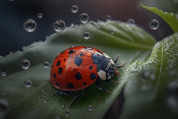 colorful ladybug on top of a leaf with some wather drops