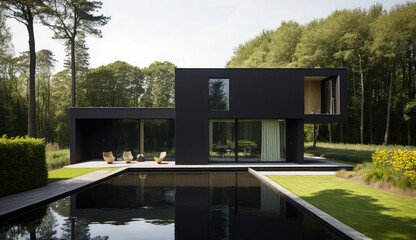 Obraz premium Ultra-modern minimalistic style black wood house design. Generative AI