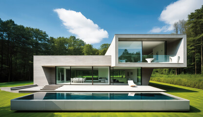 Concrete, wood and glass. Ultra-modern minimalistic style house design. Generative AI