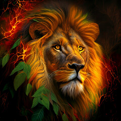 portrait of a lion jungle and fire