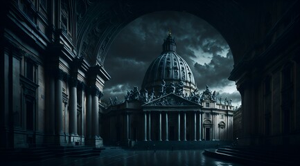 Dark Gloomy Majesty Vatican City and St. Peter's Basilica Dramatic Landscape Created With Generative Ai - obrazy, fototapety, plakaty
