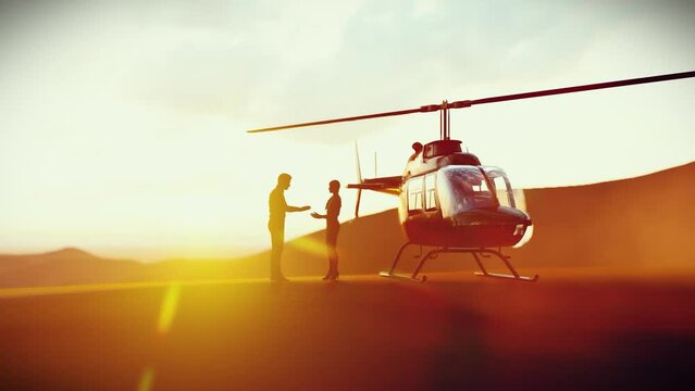 Silhouette People Talking nearby Helicopter,Male and Female get ready for Business Trip at Sunset time,3D Rendering.
