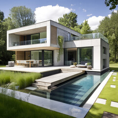 Concrete, wood and glass. Ultra-modern minimalistic style house design. Generative AI