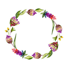 Watercolor Floral Wreath with wild flowers and herbs. Circle frame for wedding invitations or greeting cards. Hand drawn Round border with Flowers. Botanical illustration