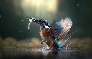 Obraz premium Beautiful Kingfisher Catching a Fish- Generative AI 