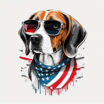 Proud to Be an American Beagle: A Pup's Celebration of Patriotism, Wearing Sunglasses and American Flag, Isolated on White Background - Generative AI