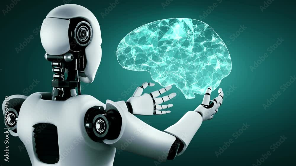 Poster ai hominoid robot holding virtual hologram screen showing concept of ai brain and artificial intelli