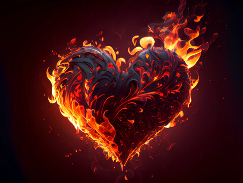 flaming heart on a dark background. unrequited love devouring fire. ai generated