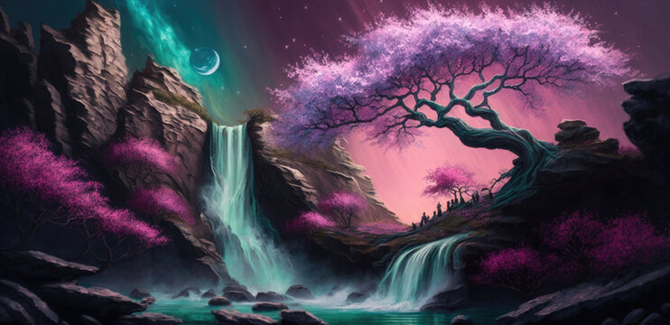 Spring cherry tree with delicate pink blossoms and petals growing on rocky cliff island with waterfalls, season of renewal and growth, cloudy otherworldly fantasy world background - Generative AI.	