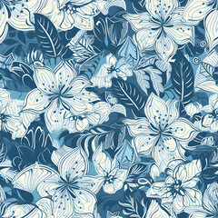 Seamless floral pattern with white flowers and blue leaves. generative ai
