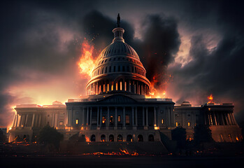 burning capitol building in usa. destruction of democracy. war in the usa. ai generated