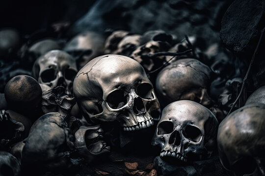 skulls and bones of people killed in genocide war in crypt burial in cemetery. Generative AI illustration