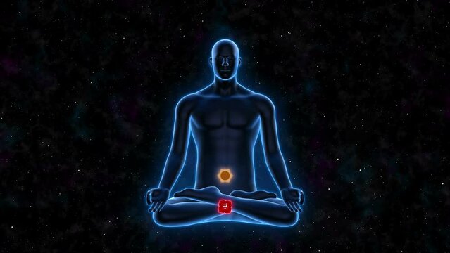 Digital human Meditating in lotus pose. Seven Yoga chakras of human body. Colorful chakras and aura glowing in space 3d illustration.