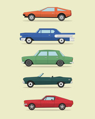 set of five classic retro vintage cars flat illustration 