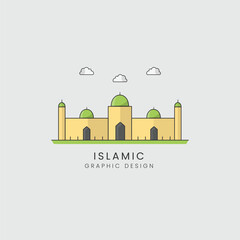minimalist illustration of a mosque with clouds and text islamic mosque ramadan logo design