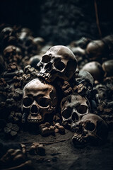 human skulls and bones of people killed in war in crypt burial in cemetery. Generative AI illustration