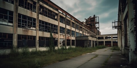 Fototapeta na wymiar Outside view of an abandoned factory. Generative AI image