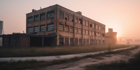 Outside view of an abandoned factory. Generative AI image