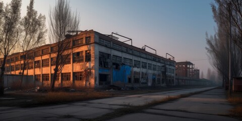 Outside view of an abandoned factory. Generative AI image