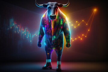 Obraz na płótnie Canvas Bull wearing suit working with graph on screen, Bullish in Stock market and Crypto currency. Created Generative Ai