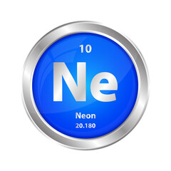 Icon structure Neon (Ne) chemical element round shape circle blue. Chemical element of the periodic table. Sign with atomic number. Study in science for education. 3D vector illustration.